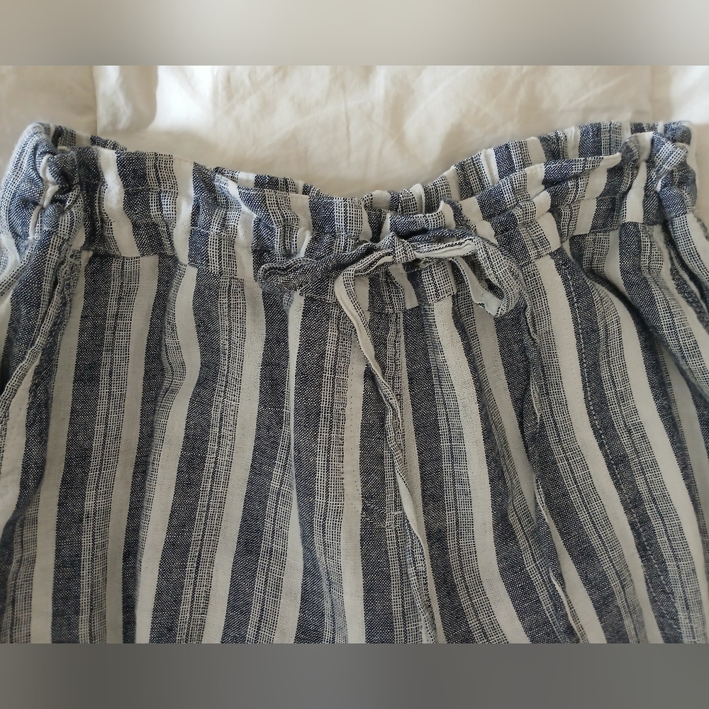 New. Linen/ Viscose Navy/white Striped Wide Straight Leg, Gather Elastic Waist - Picture 4 of 9